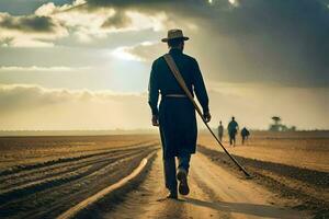 un hombre caminando en el medio de un campo con un palo. generado por ai foto