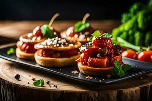 pequeño aperitivos en un negro plato con vegetales. generado por ai foto