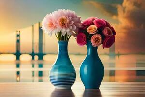 two vases with flowers sitting on a table in front of a bridge. AI-Generated photo