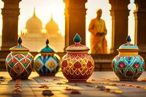 colorful vases are lined up on a floor. AI-Generated photo