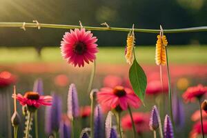 flowers hanging from a wire in a field. AI-Generated photo