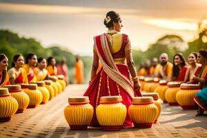 a woman in traditional indian attire is standing in front of a group of people. AI-Generated photo