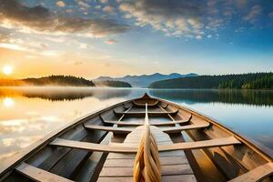 el barco es en el lago a puesta de sol. generado por ai foto