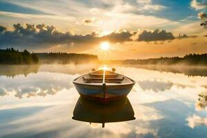 a boat is floating on a calm lake at sunset. AI-Generated photo