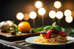 spaghetti with tomato and basil on a plate. AI-Generated photo