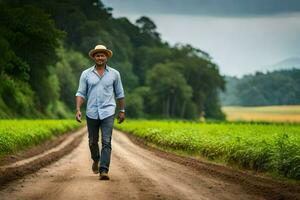 a man walking down a dirt road in a field. AI-Generated photo