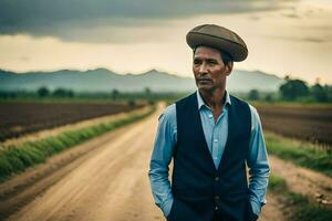 un hombre vistiendo un sombrero soportes en un suciedad la carretera. generado por ai foto