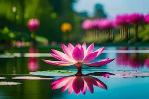 pink lotus flower in water with green leaves. AI-Generated photo