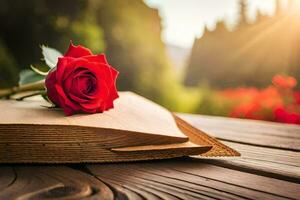 un rojo Rosa es sentado en parte superior de un antiguo libro. generado por ai foto