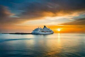 un crucero Embarcacion en el Oceano a puesta de sol. generado por ai foto