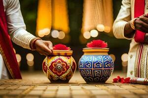 two men in indian attire holding vases with red flowers. AI-Generated photo