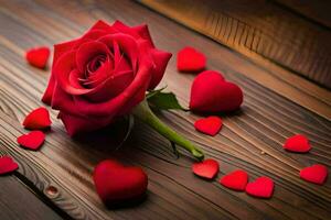 red rose on wooden background with hearts. AI-Generated photo