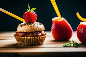 a cupcake with strawberries and a straw. AI-Generated photo