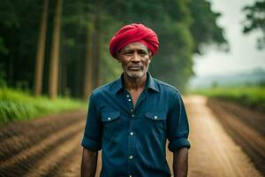 a man wearing a turban stands in the middle of a dirt road. AI-Generated photo