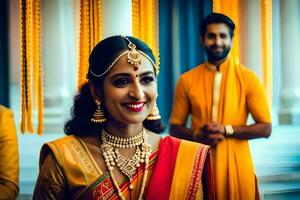 a bride in yellow sari and gold jewellery. AI-Generated photo