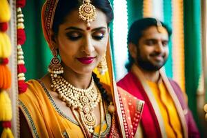 a beautiful indian bride and groom in traditional attire. AI-Generated photo