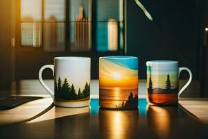Tres café tazas con un puesta de sol en a ellos. generado por ai foto