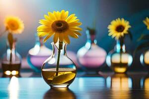sunflowers in vases on a table. AI-Generated photo