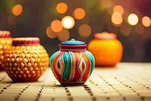 colorful vases on a wooden table with lights in the background. AI-Generated photo