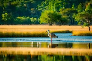 a crane stands in the water near a grassy field. AI-Generated photo