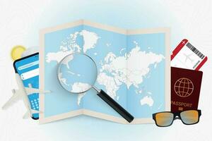 Travel destination Haiti, tourism mockup with travel equipment and world map with magnifying glass on a Haiti. vector
