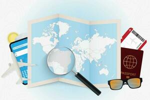 Travel destination Brazil, tourism mockup with travel equipment and world map with magnifying glass on a Brazil. vector