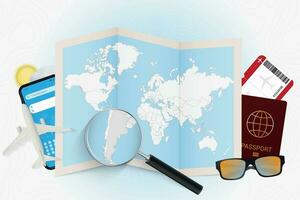 Travel destination Argentina, tourism mockup with travel equipment and world map with magnifying glass on a Argentina. vector