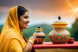 a woman in traditional indian attire sits at a table with two colorful pots. AI-Generated photo