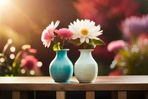 two vases with flowers on a wooden table. AI-Generated photo