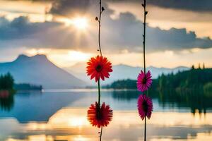 two flowers are hanging from a pole in front of a lake. AI-Generated photo