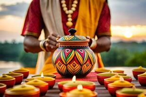 a man in indian attire is lighting candles on a table. AI-Generated photo