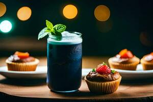 a blue drink and cupcakes on a wooden table. AI-Generated photo