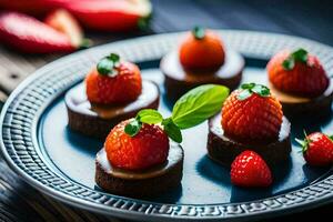 chocolate cake with strawberries on a blue plate. AI-Generated photo