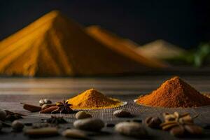 the spices and spices are arranged in a pyramid. AI-Generated photo