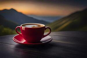 coffee, the sky, mountains, sunrise, coffee, cup, hd wallpaper. AI-Generated photo