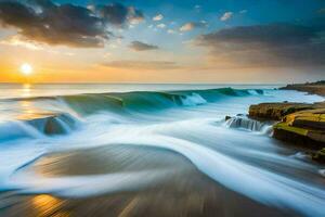 the sun sets over the ocean as waves crash into the shore. AI-Generated photo