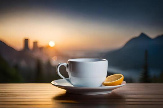a cup of coffee and a slice of lemon on a wooden table in front of a beautiful view. AI-Generated photo