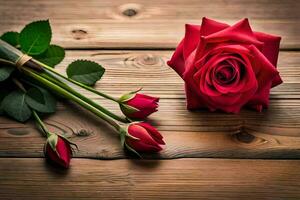 red roses on a wooden table. AI-Generated photo