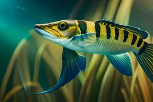 un pescado con amarillo y negro rayas es nadando en el agua. generado por ai foto