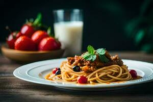 spaghetti with meat and tomatoes on a plate. AI-Generated photo