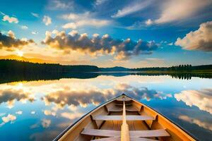 un canoa es flotante en un calma lago a puesta de sol. generado por ai foto
