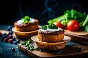 two mini muffins with cream cheese and vegetables. AI-Generated photo