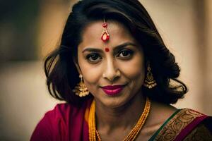 a woman in a sari poses for a portrait. AI-Generated photo