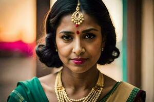 un mujer en un tradicional sari con oro joyas. generado por ai foto