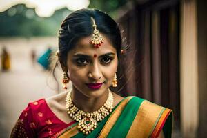 a beautiful indian woman wearing a traditional sari. AI-Generated photo