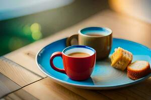 dos tazas de café y un pedazo de un pan en un lámina. generado por ai foto