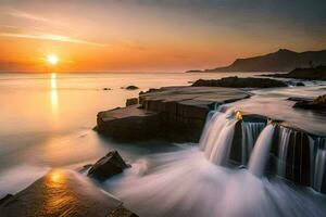 un cascada fluye terminado rocas a puesta de sol. generado por ai foto