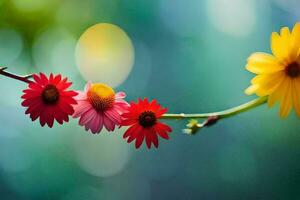 colorful flowers on a branch with a blurred background. AI-Generated photo