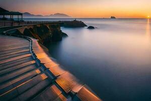 a long exposure photograph of the sunset on the beach. AI-Generated photo