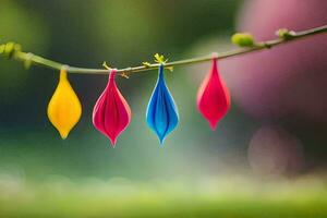 colorful origami ornaments hanging from a branch. AI-Generated photo